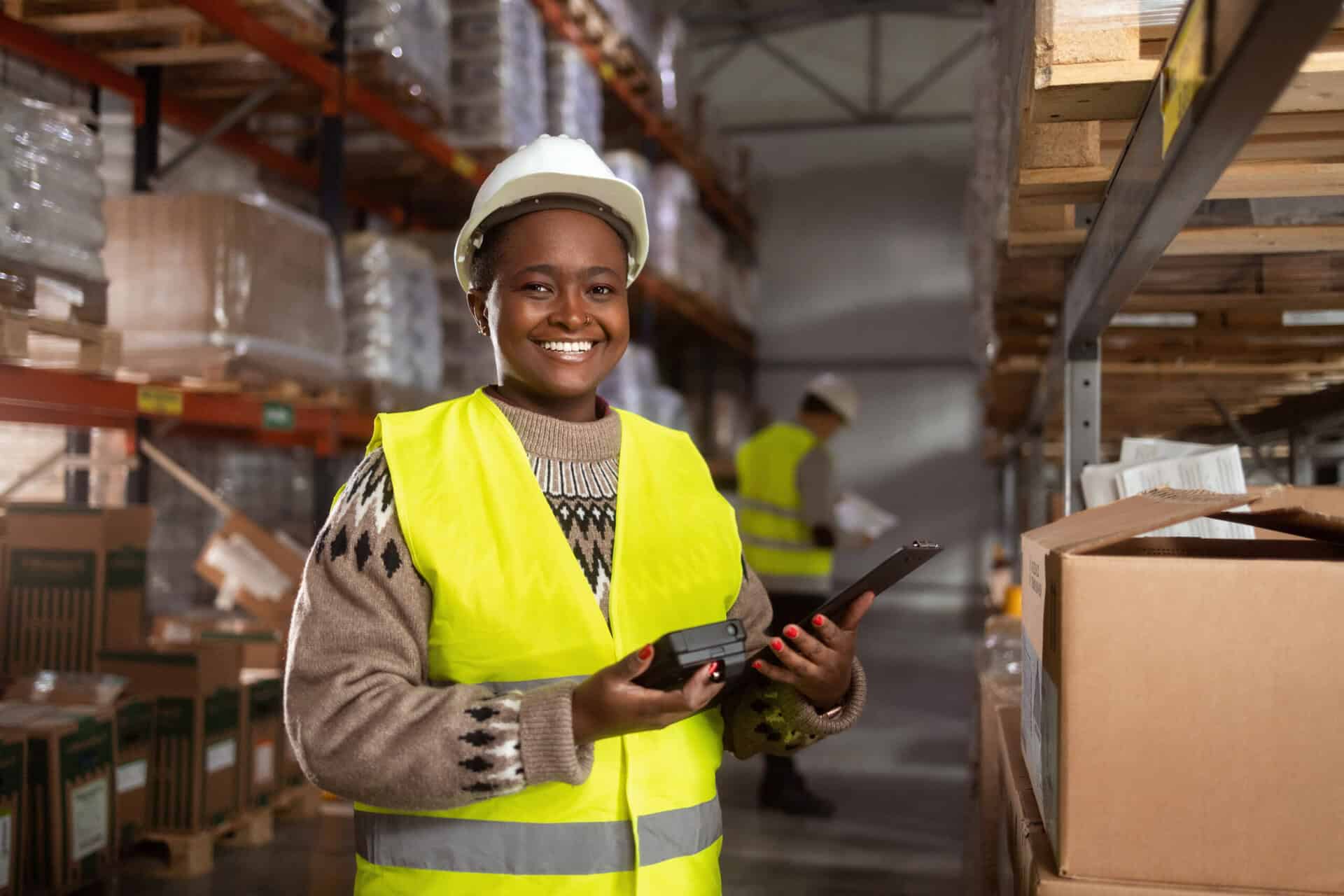 Warehouse Worker with yellow vest and white hard hat standing in a warehouse