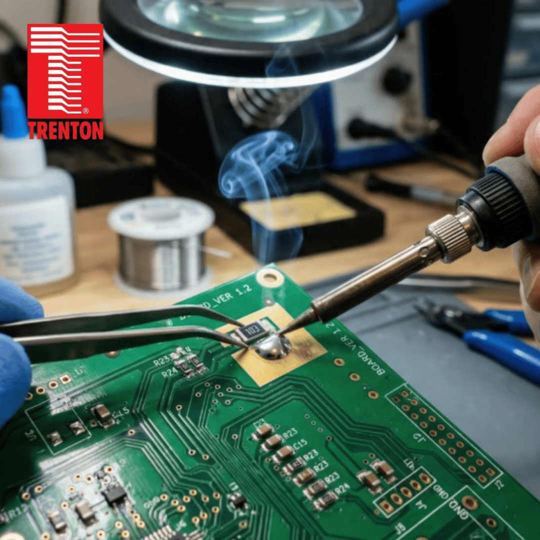 Equipment for soldering including gloved left hand, blue and soldering iron in the right hand